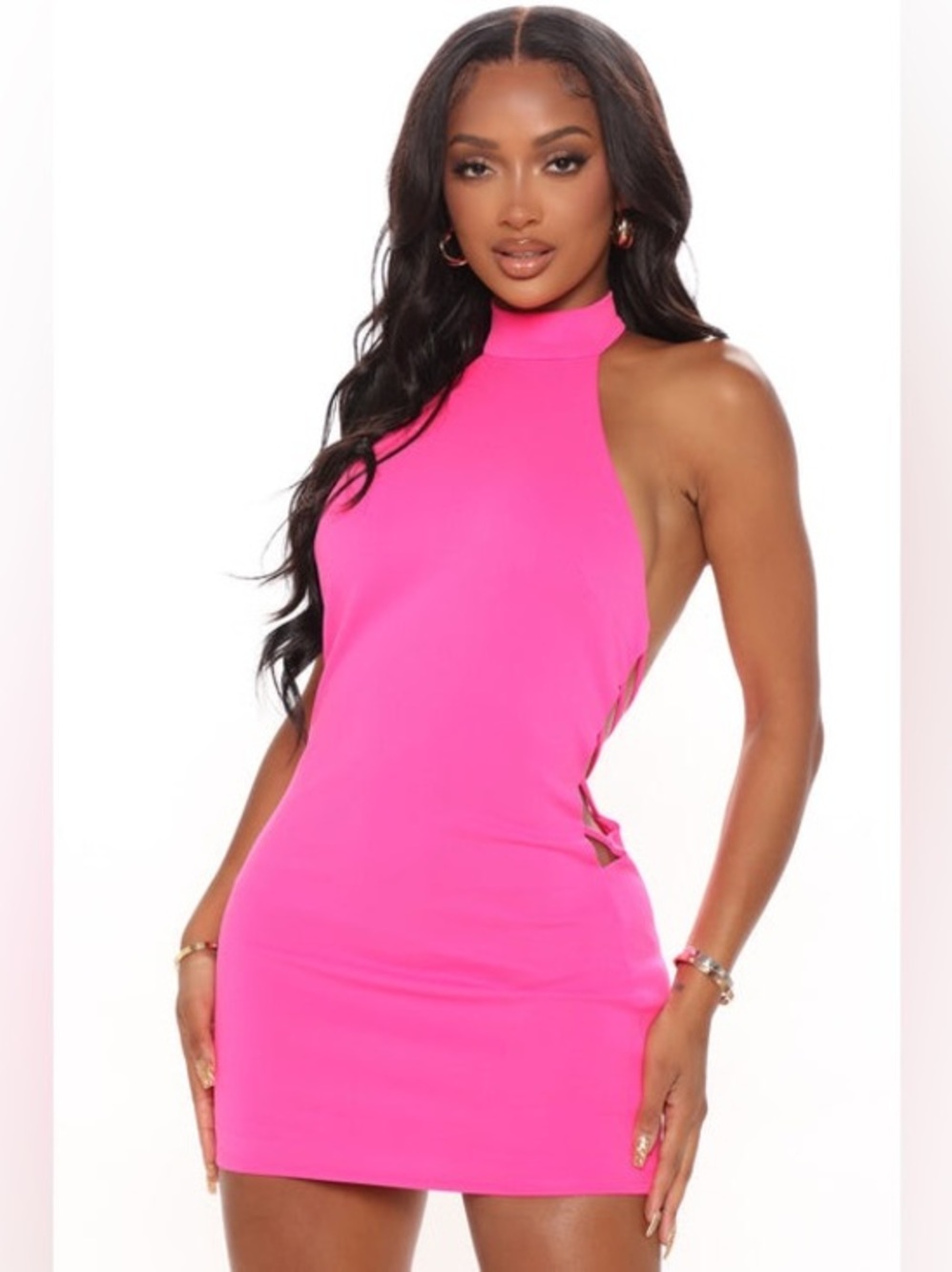 Fashion Nova Hot Pink Halter Neck Mini Dress - Size S
